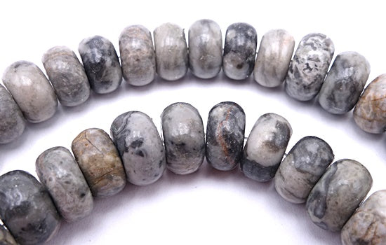 Enchanting Picasso Fossil-Grey Jasper Rondelle Beads - Large 10mm