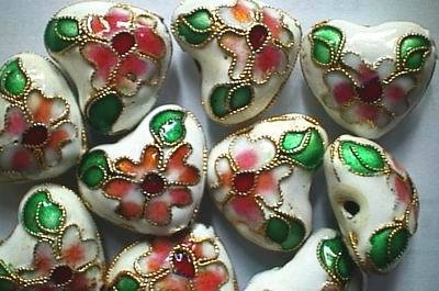 10 Oriental White  Heart Cloisonne Flower Beads - unusual