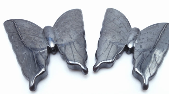 4 Sleek Large Shiny Hematite Butterfly Carved Beads