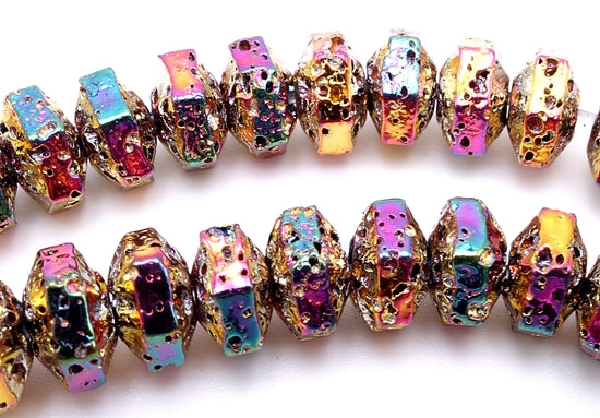 Hexagon Aurora Borealis Gold Electro-Plated Lava Rondelle Beads
