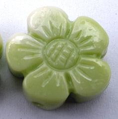 4 Chartreuse-Green Imitation Carved Jade Flower Beads - 14mm