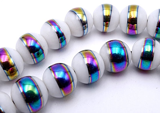 48 Striking White & AB Banded Electroplated 8mm Glass Beads