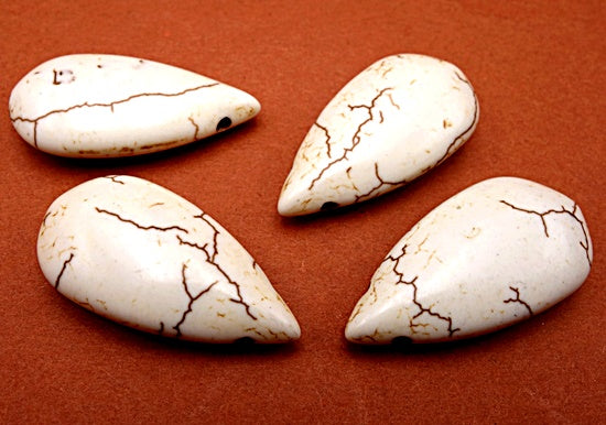 4 Large 30mm Ivory-White Howlite Teardrop Beads - Top-Drill