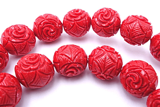 Large 12mm Imperial-Red Carved Flower Coral Beads