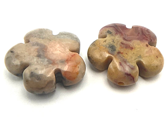 2 Large Gleaming Crazy Lace Agate Carved Flower Beads