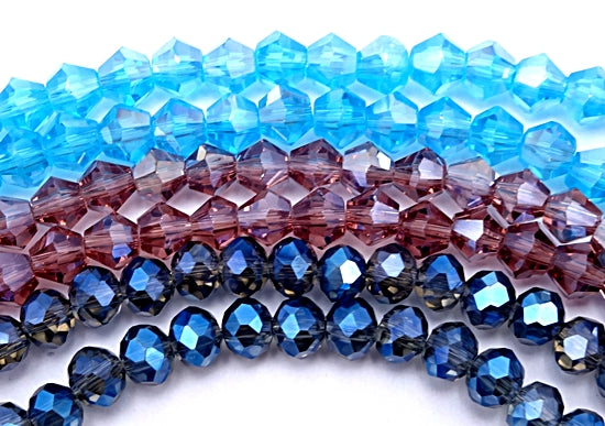 88 Faceted AB Diamond-Shape Bicone Glass Beads - Pink, Light Blue & Dark Blue