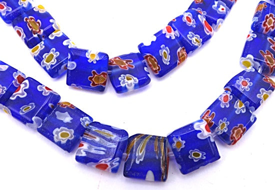 48 Deep Blue Millefiori Square Flower Tile Beads - 8mm