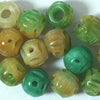 20 Carved Green/Yellow Jade Round Beads
