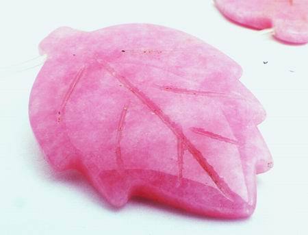 Two Summer Pink Carved Jade Leaf Beads - 45mm