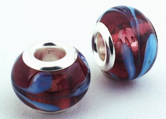 2 Burgandy & Blue Lampwork Charm Beads - 14mm