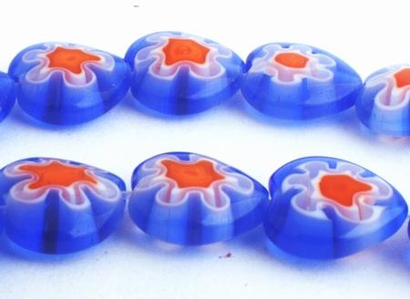 Ravishing Shiny Blue & Orange Flower Millefiori Button Heart Beads