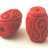 2 Deep-Red Carved Cinnabar Barrel Beads