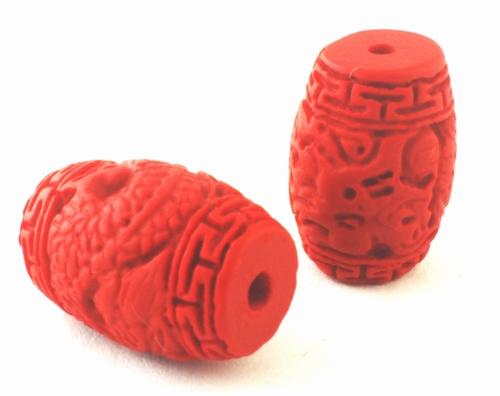 4 Fire Engine-Red Cinnabar Dragon Barrel Beads
