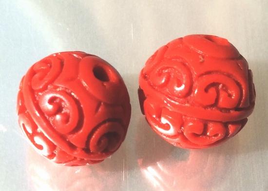 4 Fire-Red Carved Cinnabar Beads - 11mm