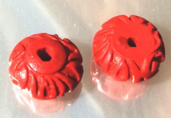 4 Fire-Red Carved Rondelle Cinnabar Beads - 12mm