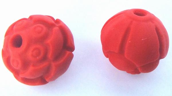 4 Fire-Red Carved 10mm Cinnabar Beads