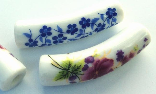 2 Large-Hole Unusual Floral Porcelain Curved-Tube Beads - 39mm x 10mm