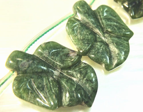 3 Large Moss-Green Carved Jasper Leaf Beads - Unusual!