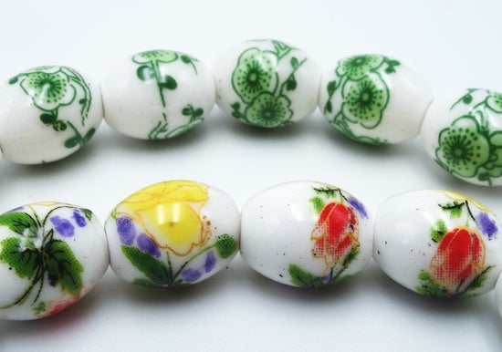 Finely Crafted Porcelain Flower Painted Barrel Beads