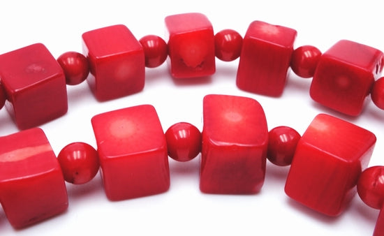 Unusual Red Sea Bamboo 9mm Coral Cube and Round Bead String