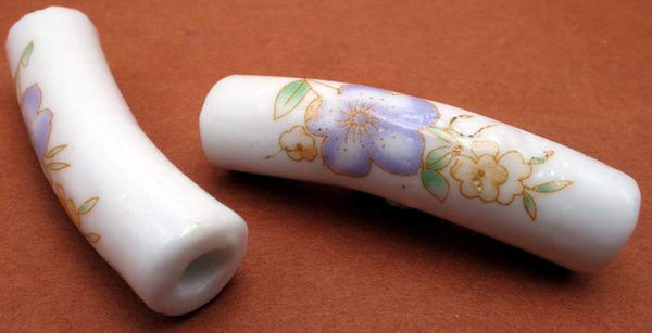 2 Large-Hole Lilac  and Yellow  Floral Porcelain Curved-Tube Beads - 39mm x 10mm