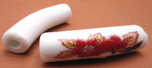 2 Large-Hole Red Floral Porcelain Curved-Tube Beads - 39mm x 10mm