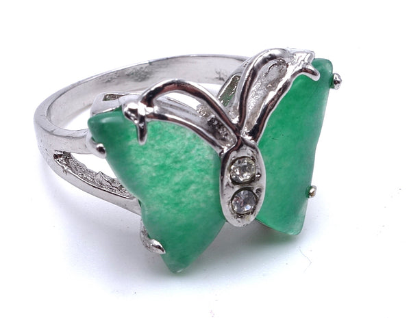 Stylish Butterfly and Rhinestone Green Jade Jade Ring