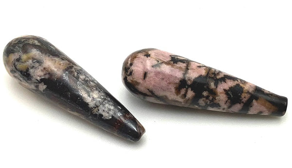 2 Long Pink and Black Rhodonite Teardrops Beads