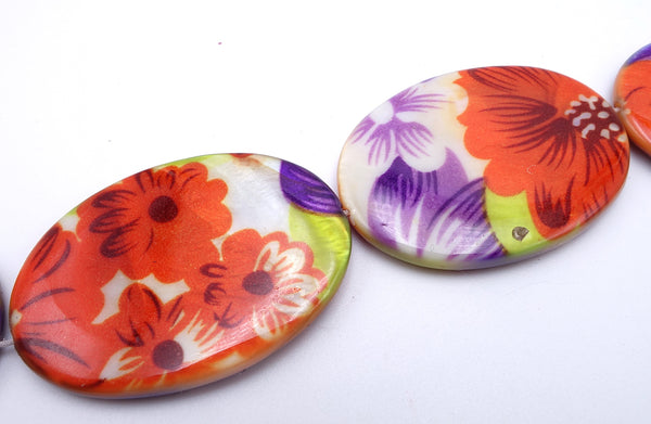 3 Huge Oval Hand Painted Flower Shell Beads