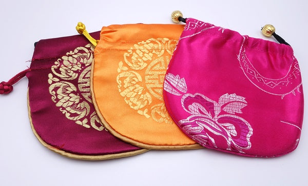 Beautiful Oval Draw String Silk Embroidered Jewellery Pouches - Pink, Orange or Wine Red