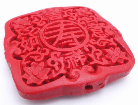 Large Square Cinnabar Carved Lacquerware Bead