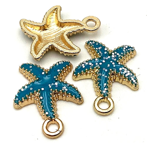 4 Seaside Gold and Turquoise Blue Starfish Charm Beads