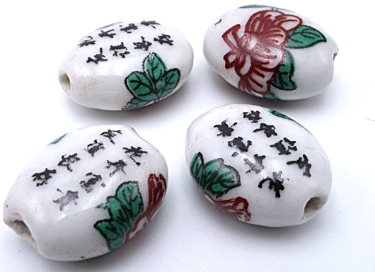 8 Beautiful Lotus Flower White Ceramic Poem Oval Beads - Unusual!