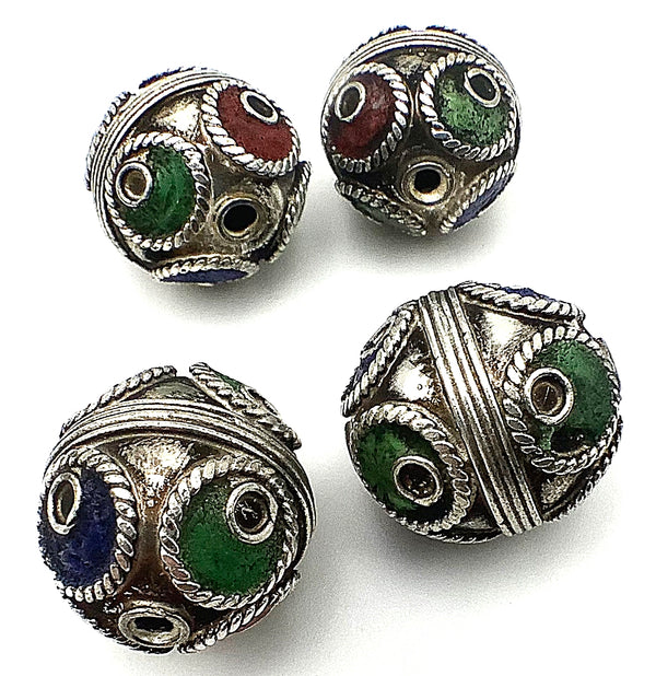 Large Tribal Moroccan Berber Tri-Colour Enamelled Tagmount Silver Beads - 14mm or 18mm