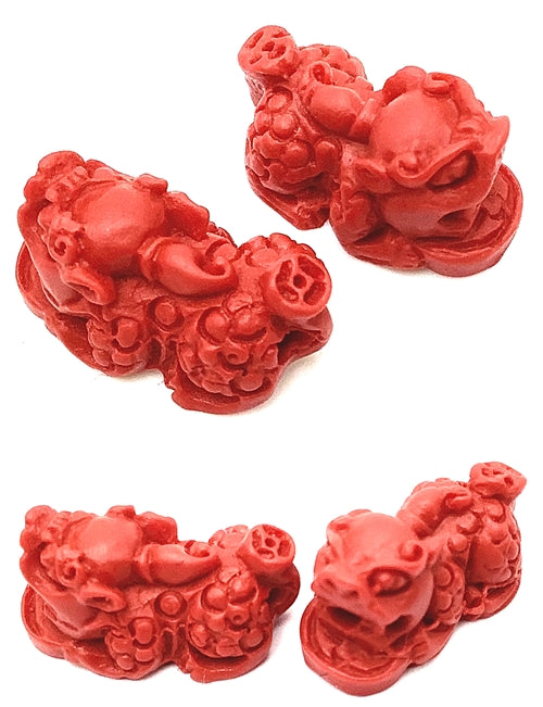 4 Firebrick-Red Carved Cinnabar Pixiu Beads